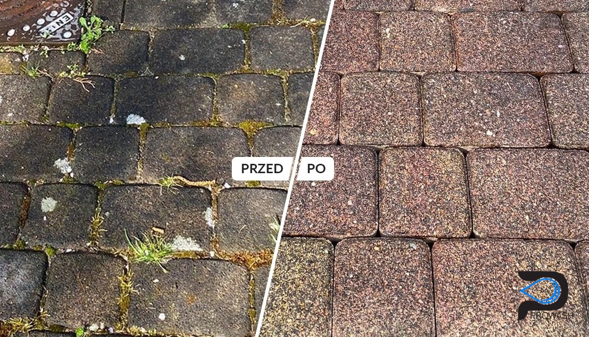 Kostka brukowa: widok przed i po. Lewa strona zarośnięta mchem i brudem, prawa strona czysta, ukazująca naturalny kolor kamienia. Efekt czyszczenia.