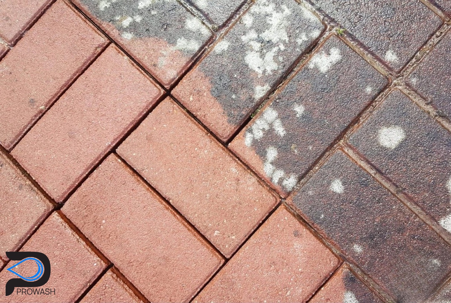 Częściowo wyczyszczona, czerwona kostka brukowa ułożona w jodełkę. Po prawej stronie widoczne zabrudzenia, po lewej czysta powierzchnia. Widoczny logotyp firmy w lewym dolnym rogu.