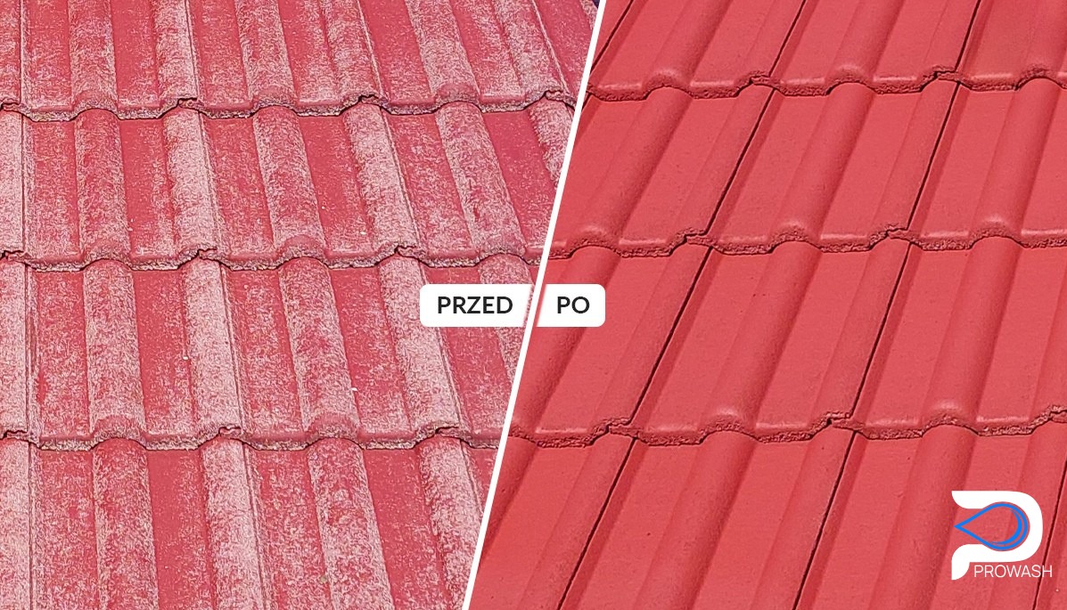 Czerwona dachówka przed i po zabiegu czyszczenia. Lewa strona pokryta zabrudzeniami, prawa strona czysta, intensywny kolor. Widoczny podział na pół.