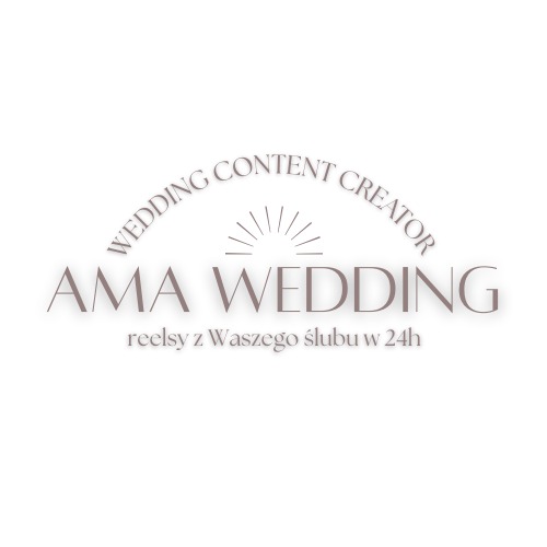 Logo firmy AMA WEDDING, oferującej tworzenie reelsów ze ślubu w 24h. Napis 'Wedding Content Creator' w łuku nad nazwą firmy. Minimalistyczny design w odcieniach beżu.