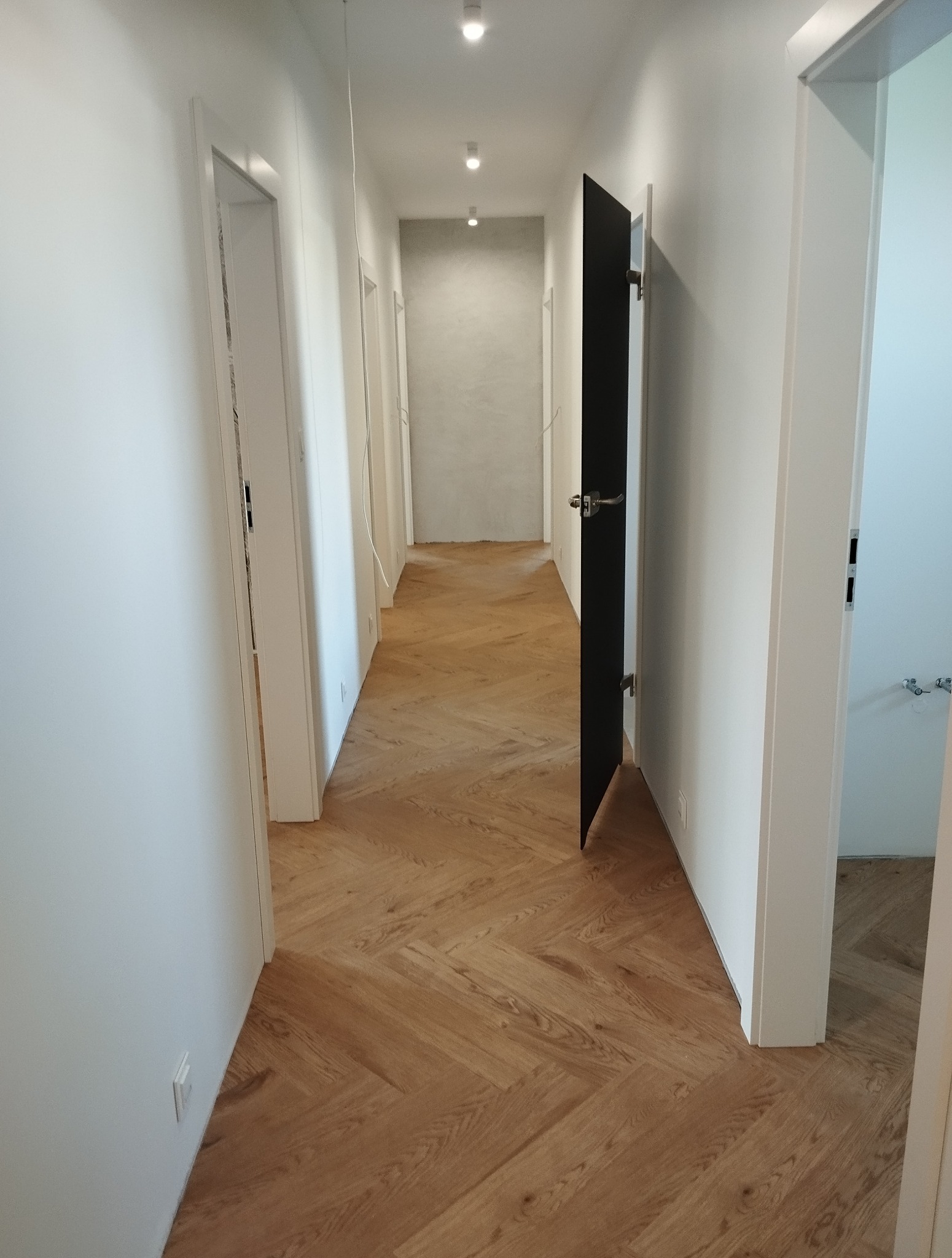 Korytarz z parkietem ułożonym w jodełkę. Widoczne białe ściany, drzwi z czarnymi skrzydłami i punktowe oświetlenie sufitowe. Perspektywa zbieżna w głąb.