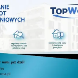 Grafika reklamowa firmy TopWork oferującej usługi sprzątania wspólnot mieszkaniowych, z ikonami symbolizującymi jasny zakres obowiązków, nadzór koordynatora, konkurencyjne ceny i gwarancję...