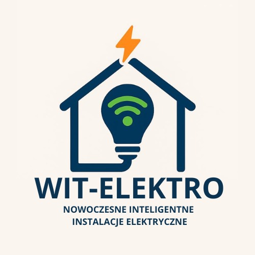 Logo firmy WIT-ELEKTRO: dom z żarówką symbolizującą inteligentne instalacje elektryczne. Nowoczesny design, niebiesko-zielona kolorystyka, pomarańczowy symbol błyskawicy.