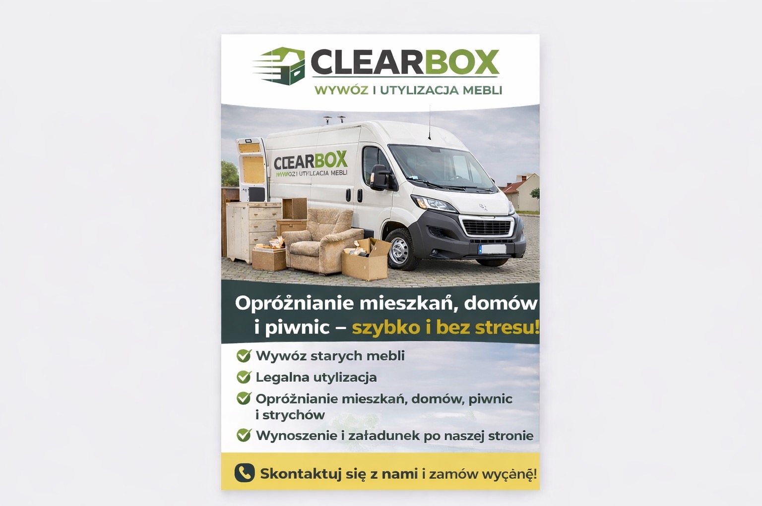 Reklama firmy Clearbox: biały bus z logo, meble do wywozu, hasło 'Opróżnianie mieszkań, domów i piwnic - szybko i bez stresu!', kontakt.
