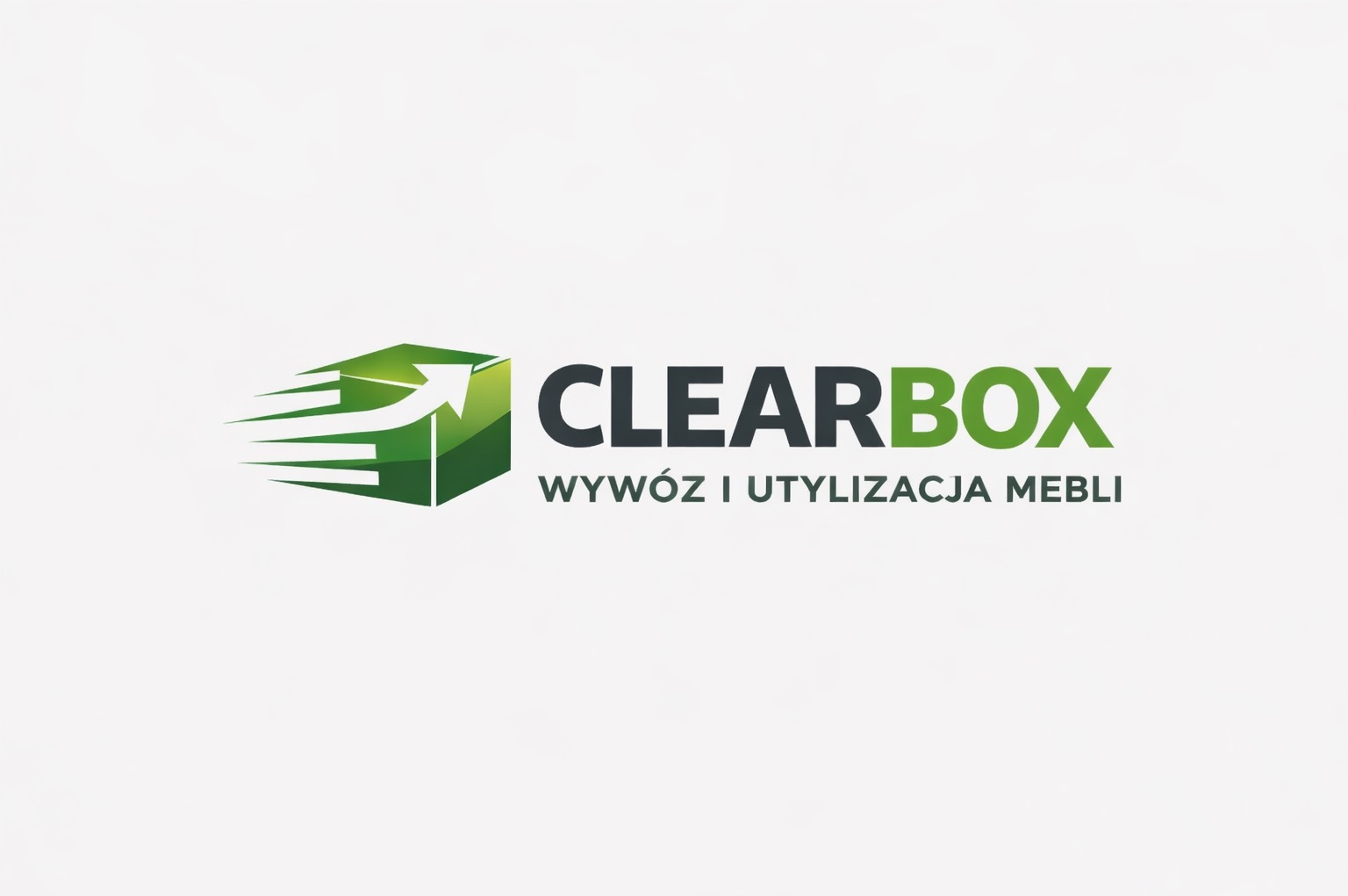 Logo firmy Clearbox: zielony sześcian z białą strzałką, czarny napis 'CLEARBOX', pod spodem 'WYWÓZ I UTYLIZACJA MEBLI'.