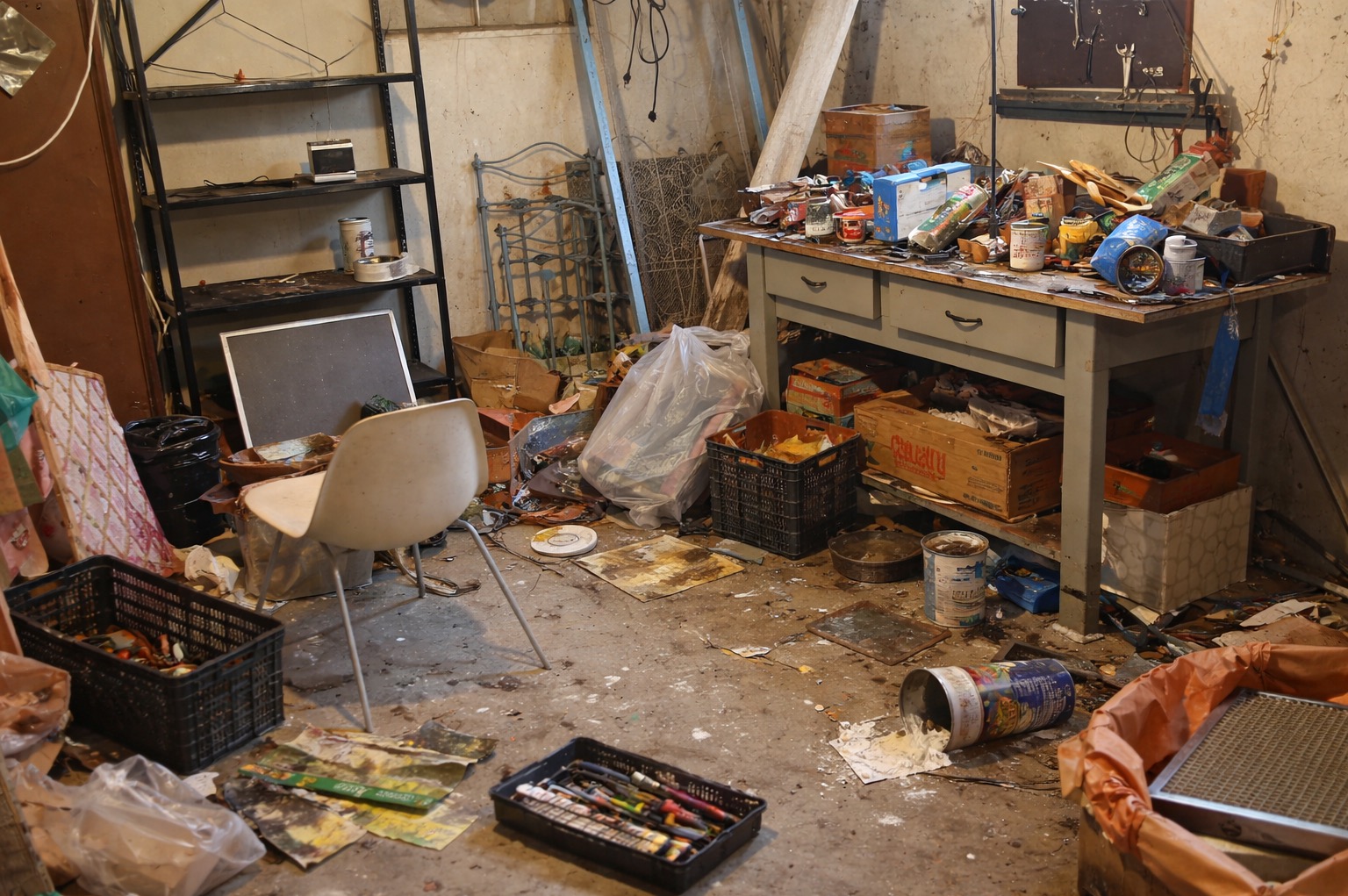 Zagracone pomieszczenie z meblami, pudełkami, narzędziami i śmieciami. Widoczny stół warsztatowy, krzesło i regał. Chaos i nieporządek w piwnicy lub magazynie.