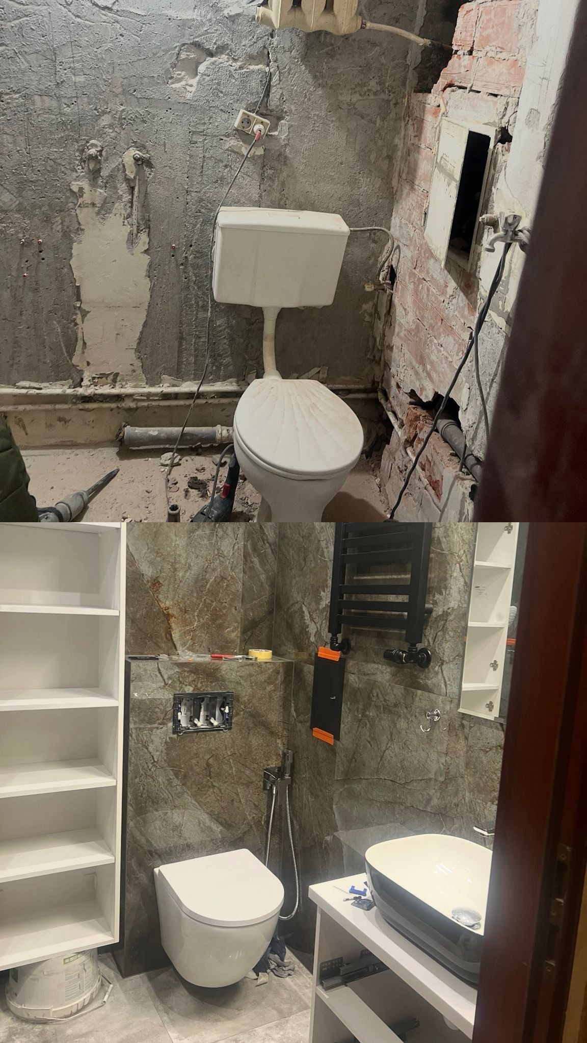 Zdjęcie 'przed i po' remontu łazienki: od surowych ścian z instalacjami do wykończonej przestrzeni z marmurowymi płytkami, nową armaturą i grzejnikiem.