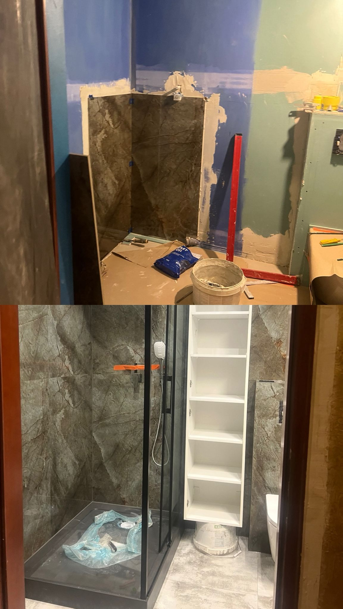 Remont łazienki: ułożone płytki w kabinie prysznicowej, zabudowa z płyty gipsowej, biała szafka wisząca. Widok przed i po remoncie, z narzędziami i materiałami budowlanymi.