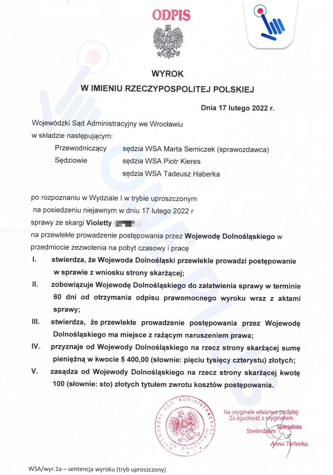 Skan wyroku Wojewódzkiego Sądu Administracyjnego we Wrocławiu z 17 lutego 2022 r., dotyczącego przewlekłego postępowania Wojewody Dolnośląskiego.