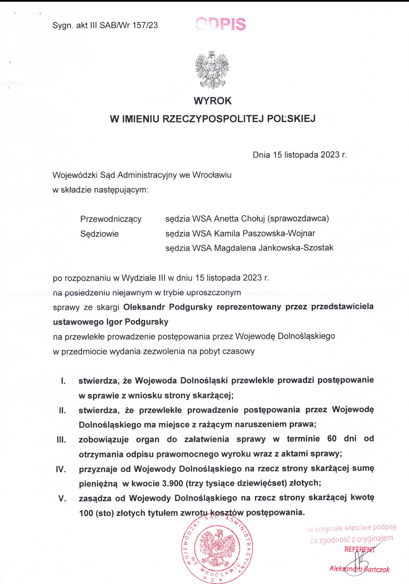 Odpis wyroku Wojewódzkiego Sądu Administracyjnego we Wrocławiu z dnia 15 listopada 2023 r. dotyczący przewlekłego prowadzenia postępowania.