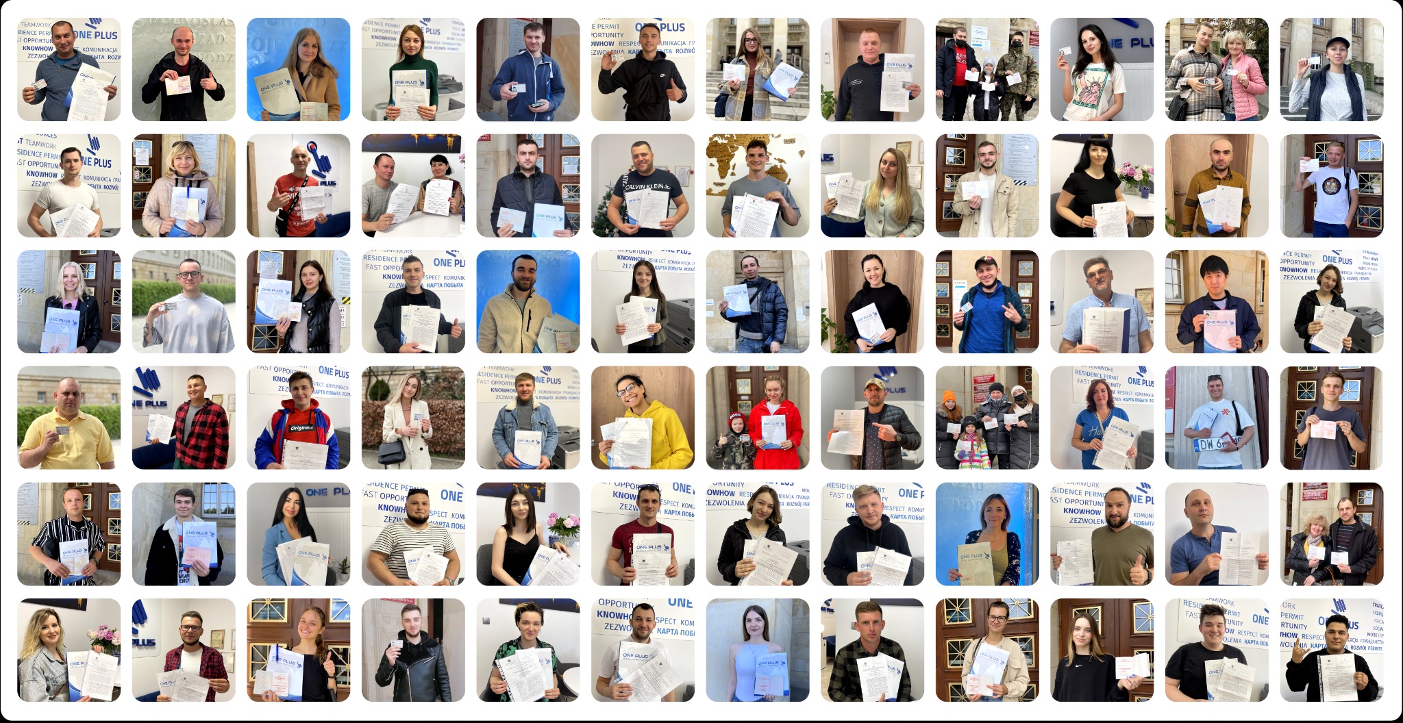 Kolaż portretów osób trzymających dokumenty i karty pobytu, prezentujących pozytywne rezultaty usług agencji rekrutacyjnej.