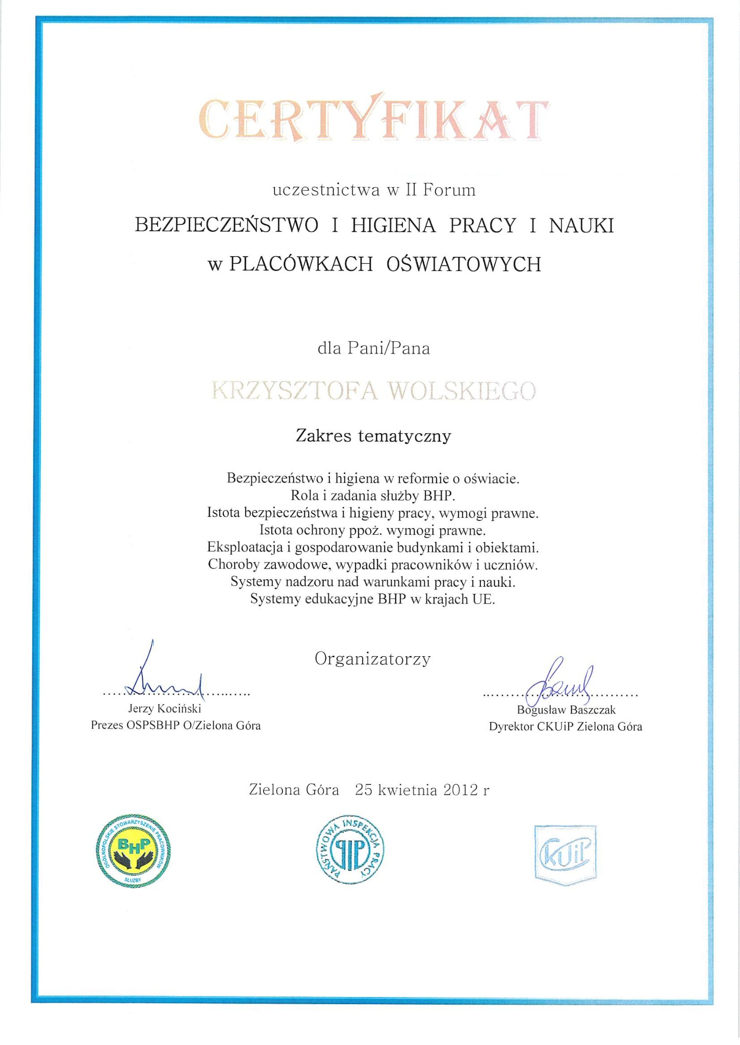 Certyfikat 'BHP w placówkach oświatowych'