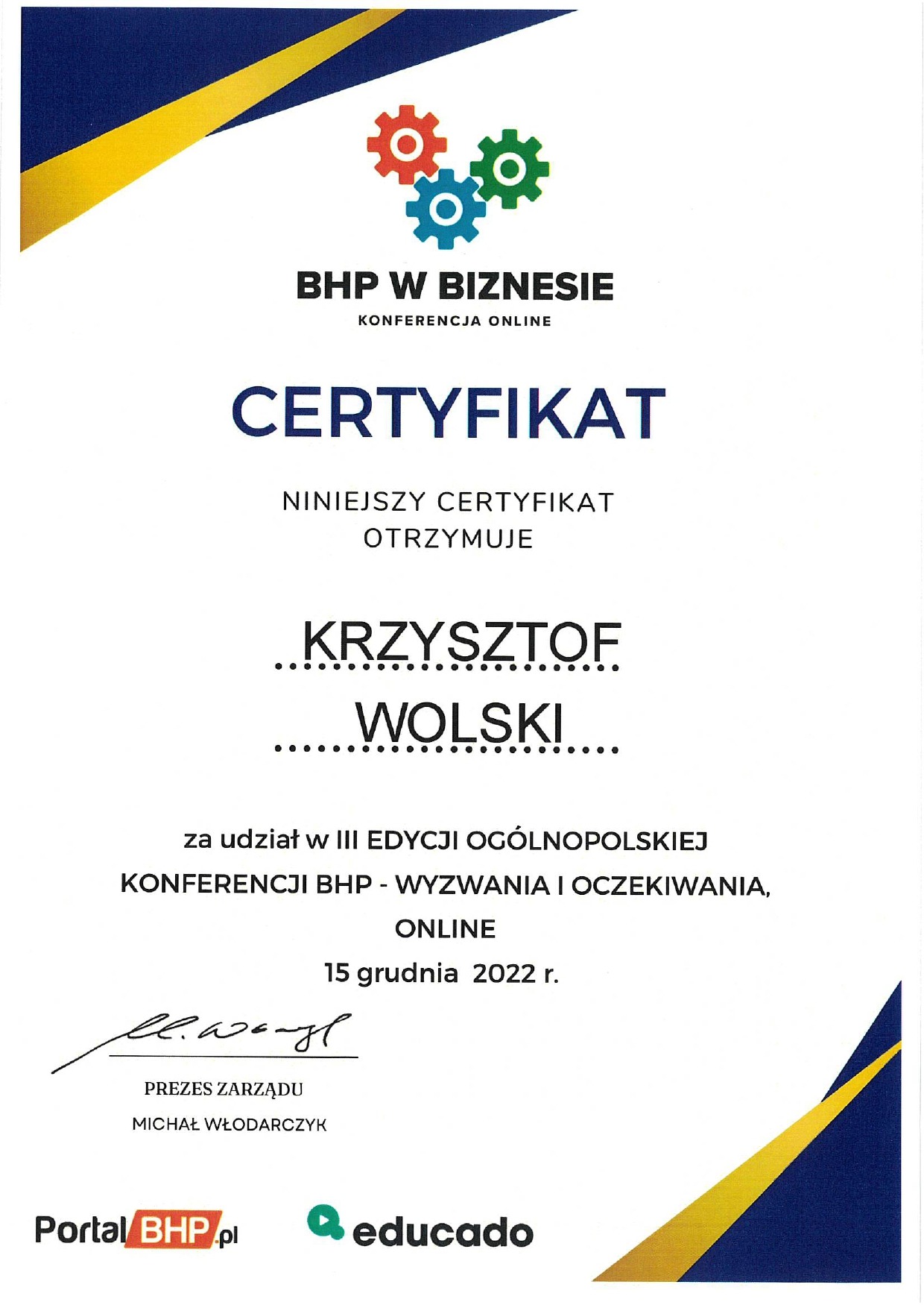 Certyfikat: 'BHP w Biznesie'