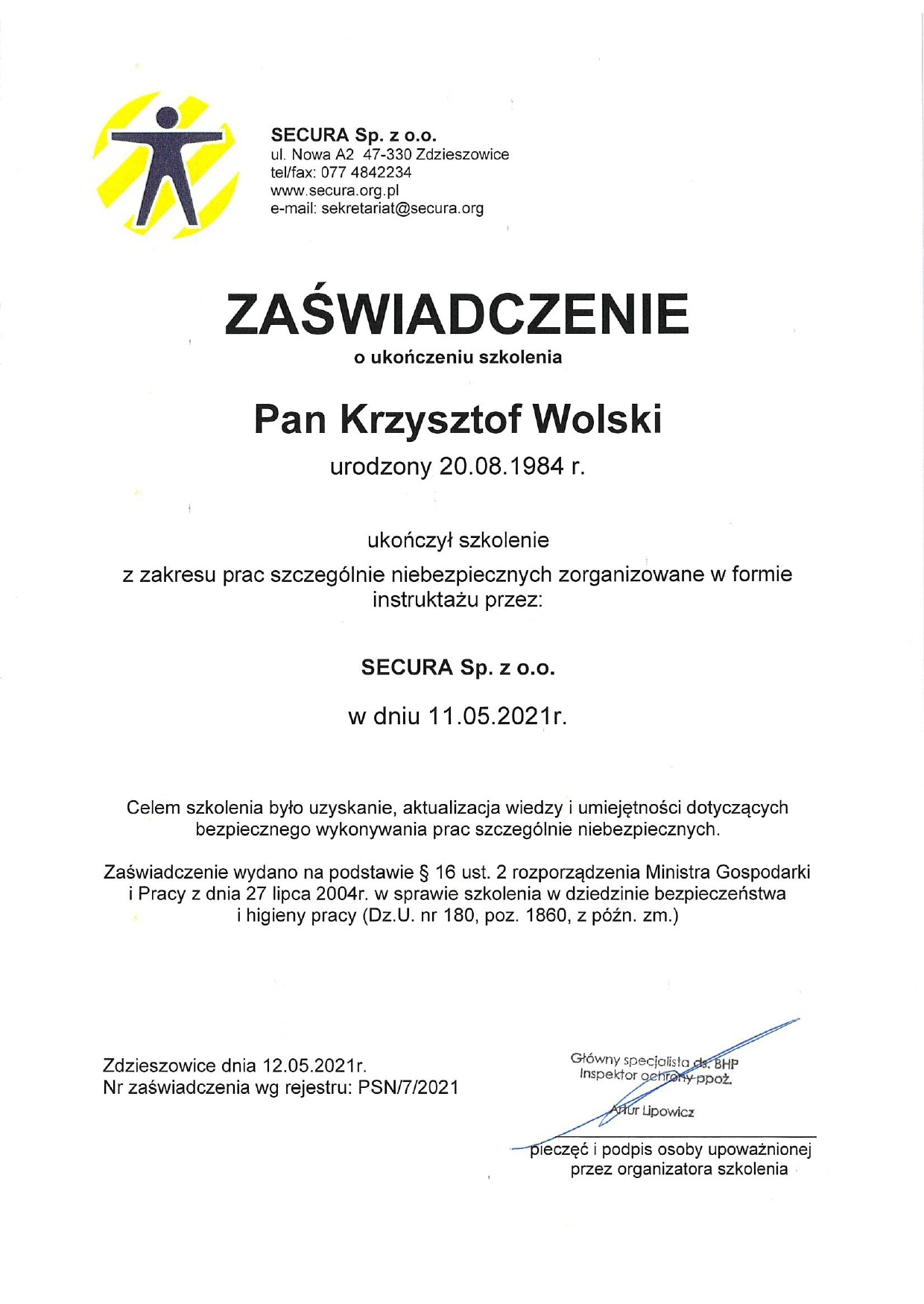 Zaświadczenie: 'Prace szczególnie niebezpieczne'