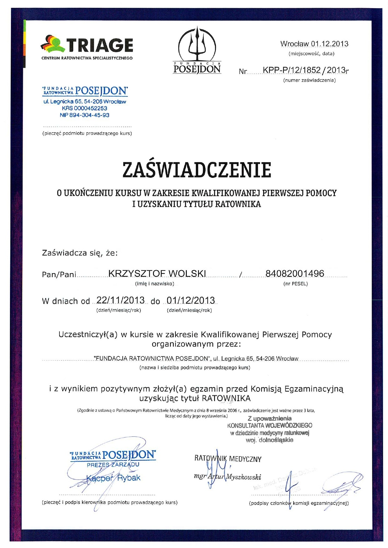 Zaświadczenie 'Kurs kwalifikowanej pierwszej pomocy'