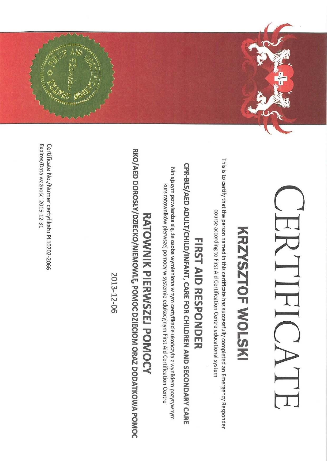 Certyfikat: 'First AID Responder'