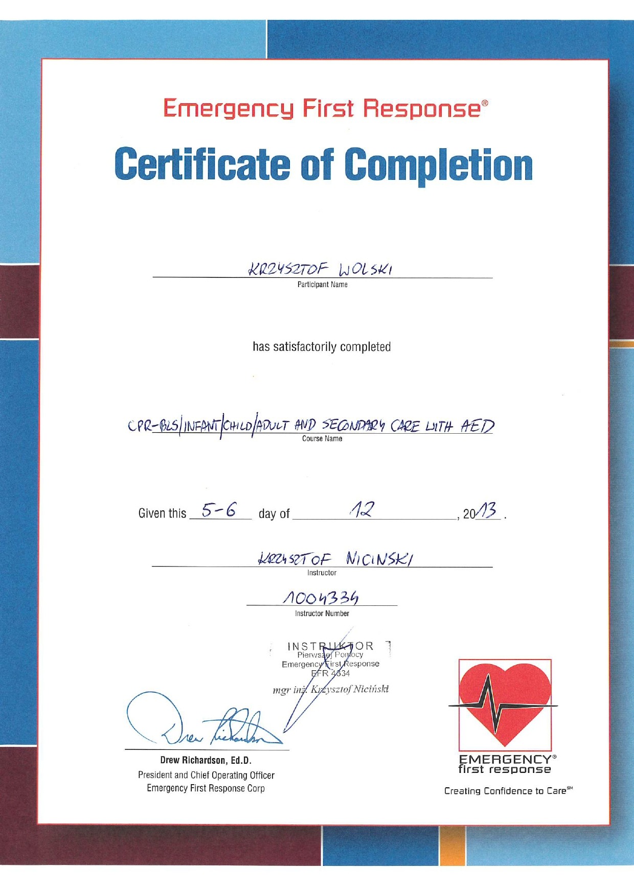 Certyfikat: 'CPR-BLS/INFANT/CHILD/ADULT AND SECONDARY CARE WITH AED'