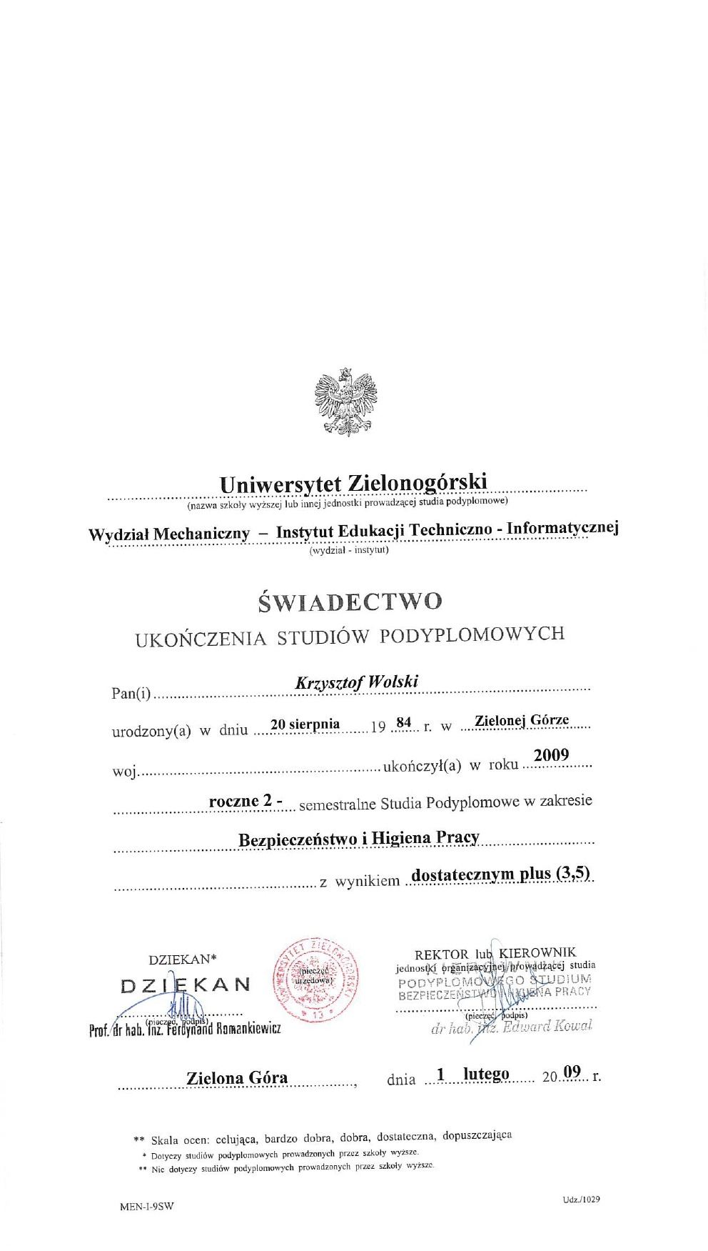 Świadectwo studiów podyplomowych