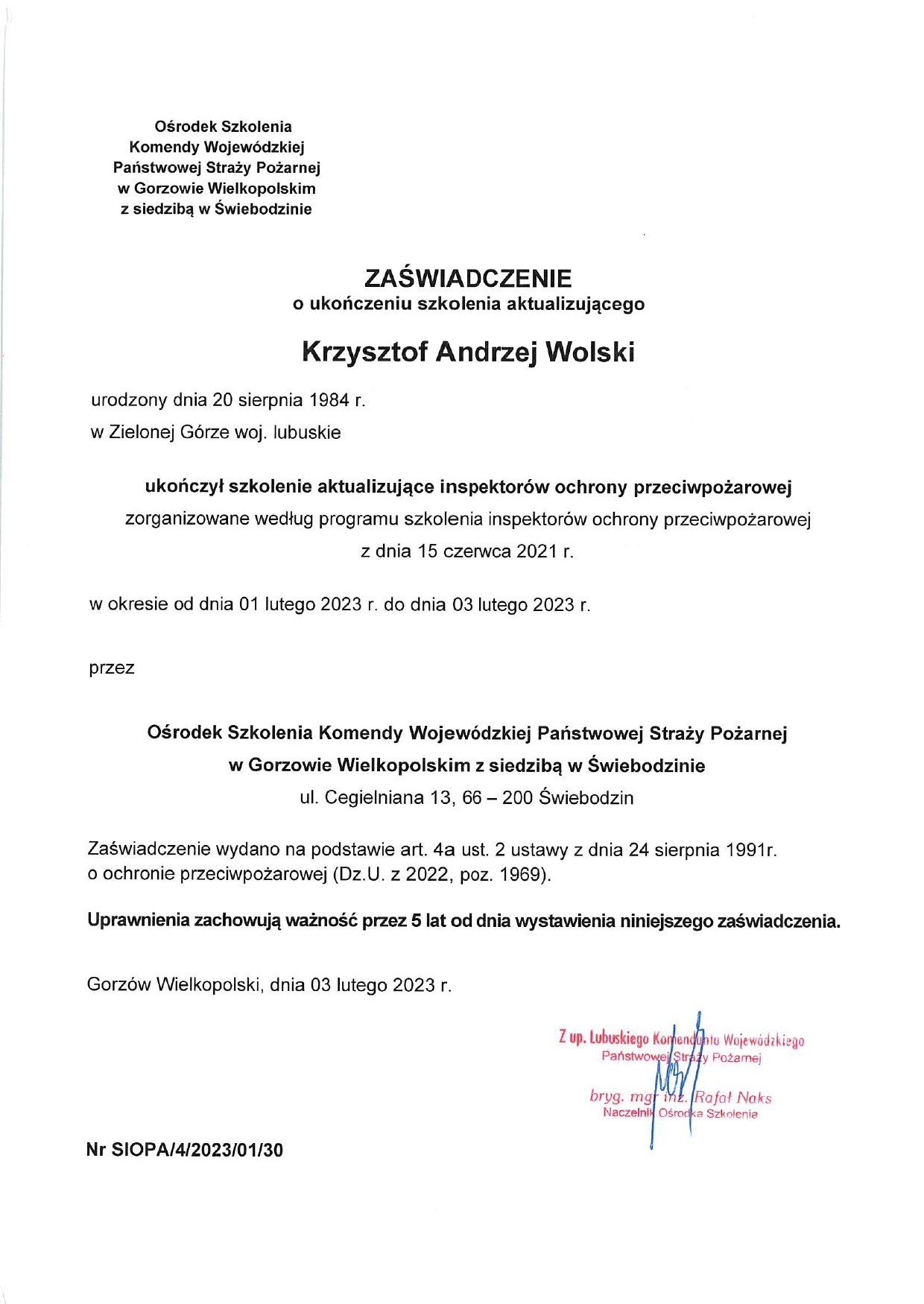 Zaświadczenie: 'Kurs inspektora ochrony przeciwpożarowej'