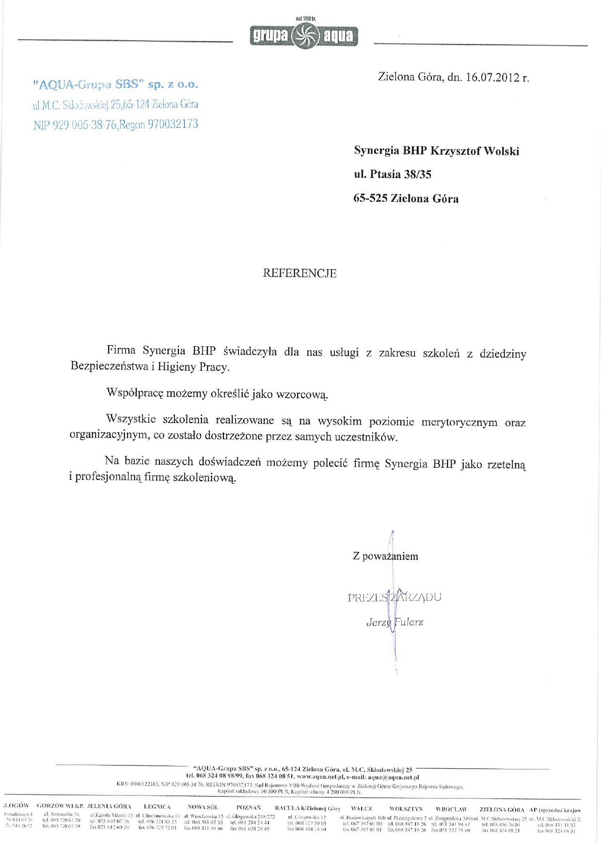 Referencje: Aqua Grupa SBS sp. z o.o.