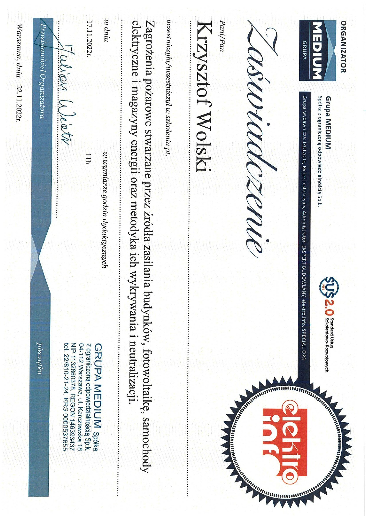 Zaświadczenie ukończenia szkolenia BHP o zagrożeniach pożarowych źródeł zasilania budynków, fotowoltaiki, samochodów elektrycznych i magazynów energii.