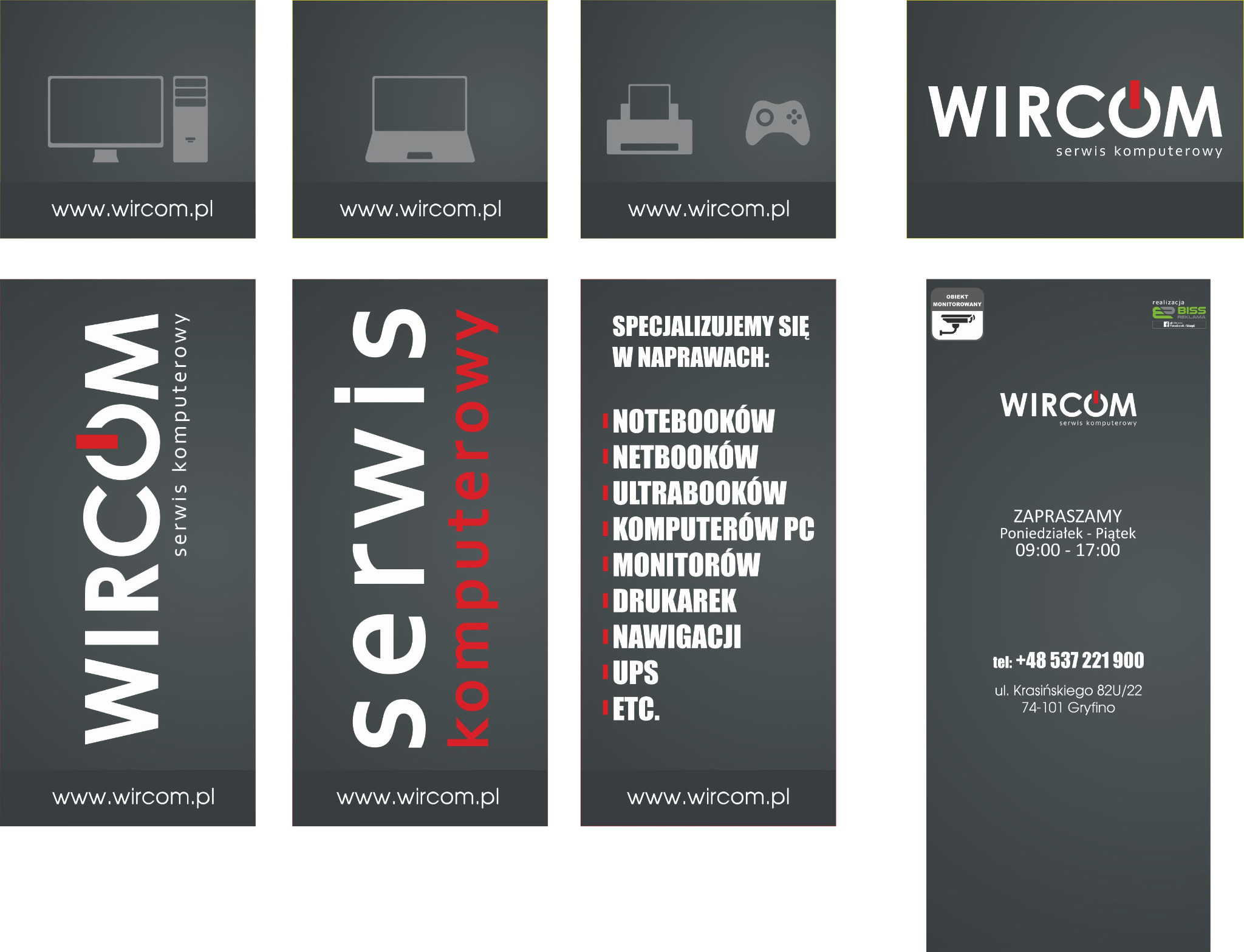 Grafika reklamowa firmy WIRCOM serwis komputerowy, prezentująca logo, adres strony internetowej i specjalizacje w naprawach notebooków, komputerów PC, monitorów i drukarek.