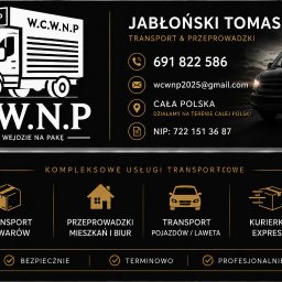 Wszystko co wejdzie na pakę - Czarny baner reklamowy firmy JABŁOŃSKI TOMASZ z logo ciężarówki, danymi kontaktowymi i listą usług: przewóz towarów, przenoszenie mienia, transport pojazdów, kurierka.