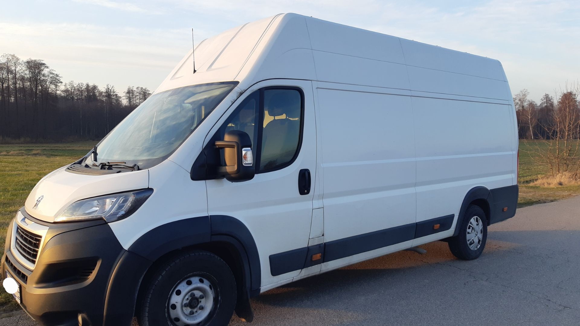 Biały, wysoki furgon Peugeot na tle łąki i drzew, widziany z boku. Auto zaparkowane na asfaltowej drodze, oświetlone popołudniowym słońcem.
