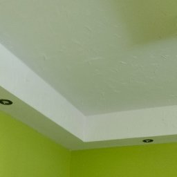 USŁUGI U RAFAŁA Rafał Zieliński - Ściana pomalowana na zielono z białym sufitem i listwą. Widoczny fragment obrazu w ramce. Teksturowana powierzchnia sufitu. Oświetlenie punktowe.