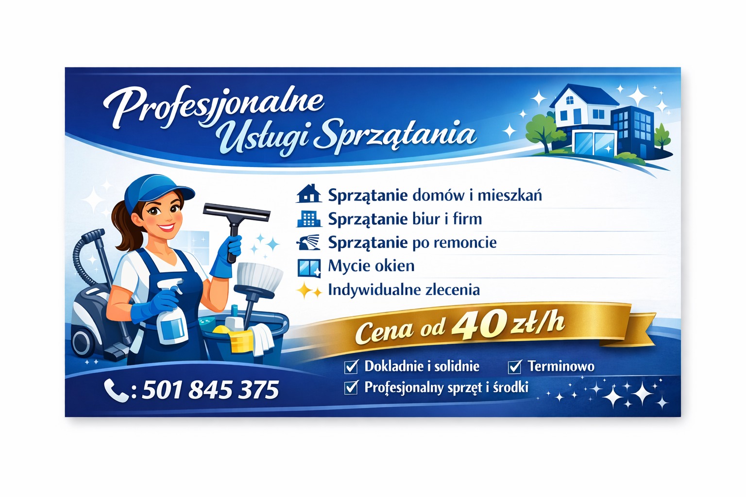 Ilustracja reklamowa usług sprzątania: uśmiechnięta kobieta z mopem i środkami czystości, oferta cenowa od 40 zł/h, sprzątanie domów, biur, po remoncie, mycie okien.