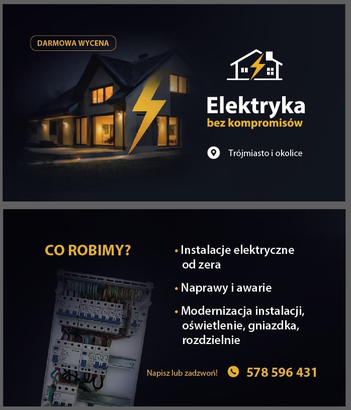 Baner reklamowy firmy elektrycznej: dom z piorunem, hasło 'Elektryka bez kompromisów', zakres usług (instalacje, naprawy, modernizacje), kontakt. Darmowa wycena.