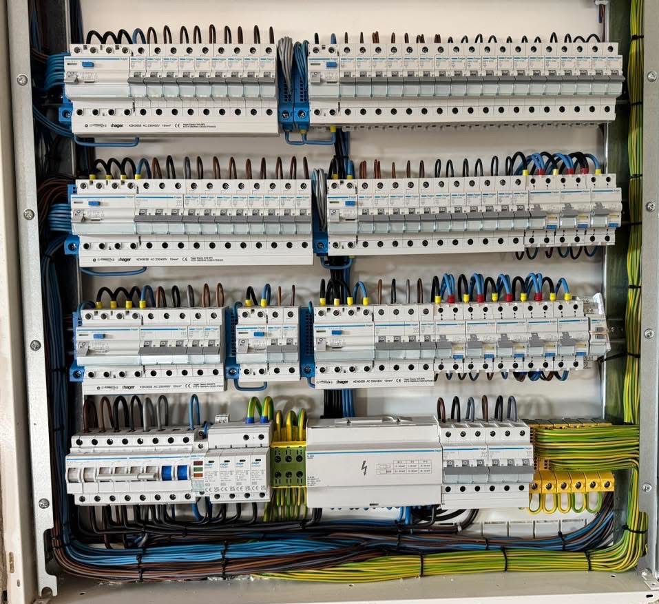 Rozdzielnia elektryczna Hager z licznymi zabezpieczeniami, starannie ułożone przewody w kolorach: niebieskim, brązowym, żółto-zielonym. Widoczne oznaczenia na urządzeniach.