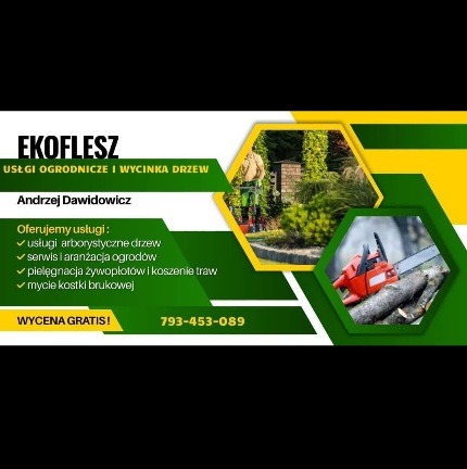 Baner firmy ogrodniczej EKOFLESZ z ofertą usług: arborystyka, aranżacja ogrodów, pielęgnacja żywopłotów, koszenie traw i mycie kostki brukowej. Widoczna piła łańcuchowa.