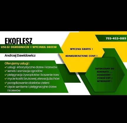 Grafika reklamowa firmy EKOFLESZ oferującej usługi ogrodnicze i wycinkę drzew. Zawiera listę usług, numer telefonu i hasła: wycena gratis, konkurencyjne ceny.