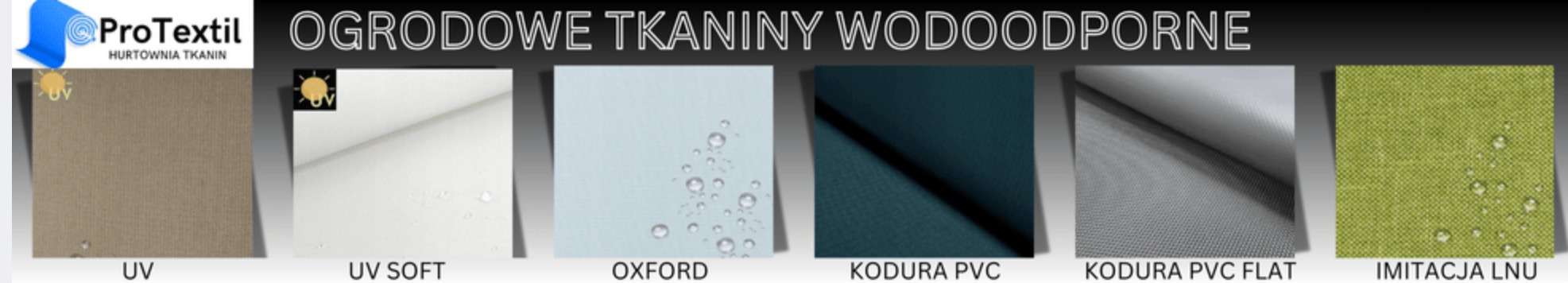Wodoodporne tkaniny ogrodowe: UV, UV Soft, Oxford, Kodura PVC, Kodura PVC Flat, Imitacja Lnu. Prezentacja właściwości hydrofobowych.