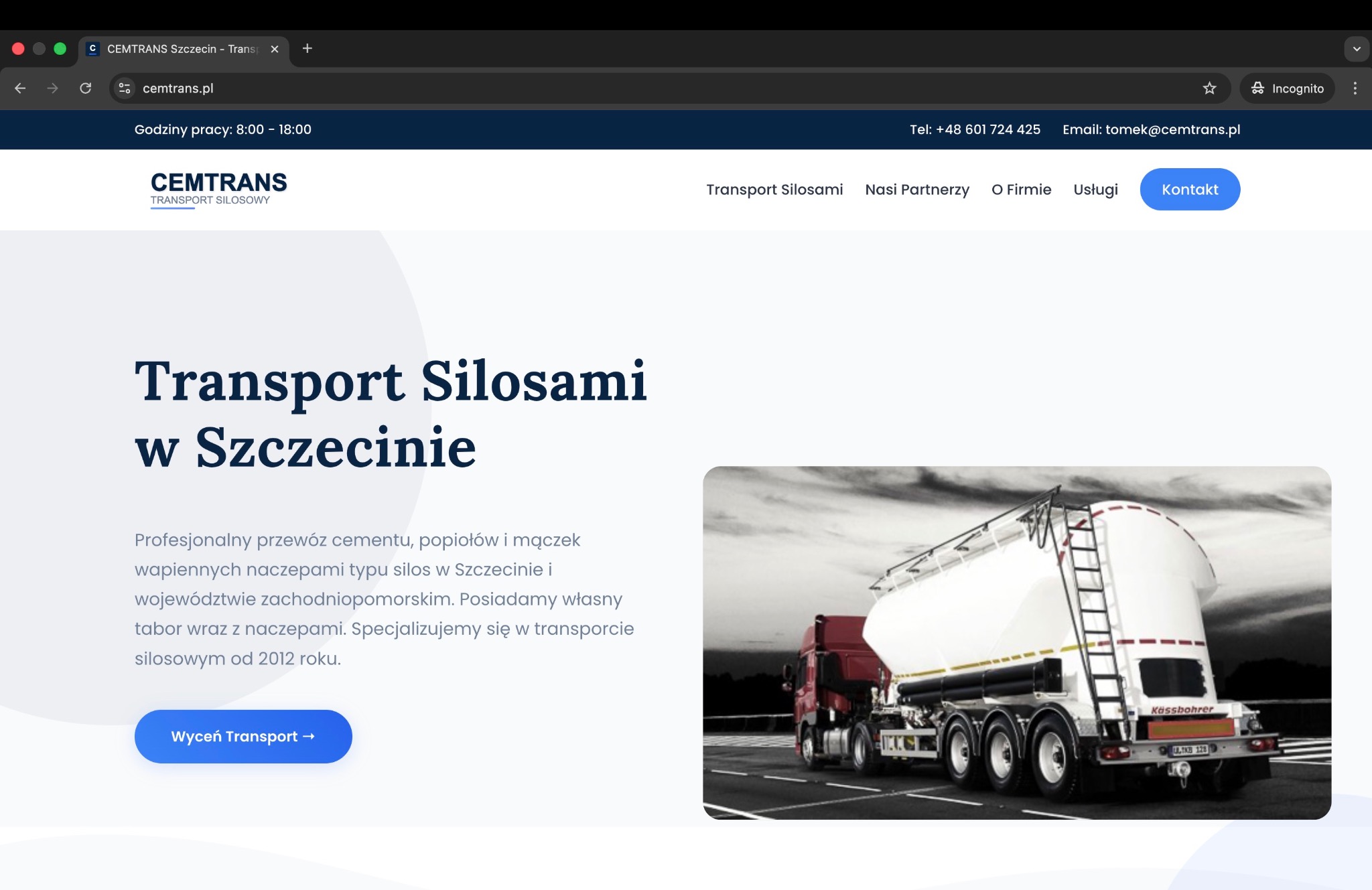 Strona internetowa firmy transportowej Cemtrans ze Szczecina, specjalizującej się w transporcie silosowym. Widoczny silos i hasło 'Transport Silosami w Szczecinie'.