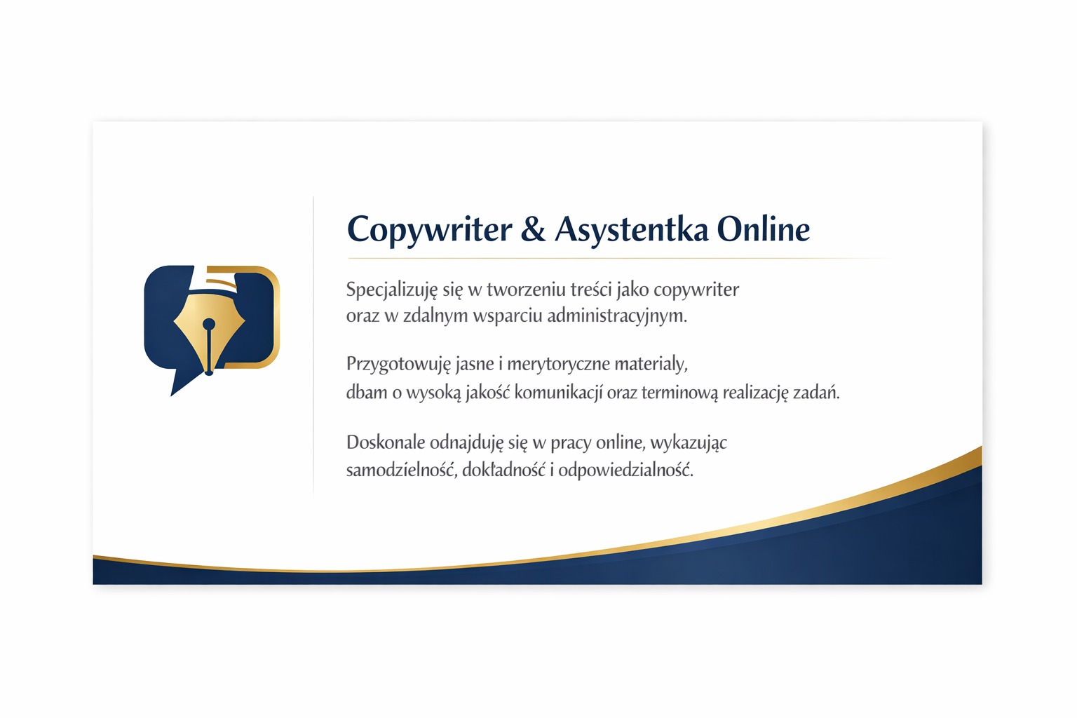Grafika reklamowa copywritera i asystentki online z logo pióra w dymku. Tekst o specjalizacji w tworzeniu treści i zdalnym wsparciu administracyjnym na białym tle.