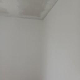 Jacek Jeż - Świeżo pomalowany, jasnoszary sufit w rogu pokoju, widoczne delikatne smugi farby. Minimalistyczne wnętrze, neutralna kolorystyka.