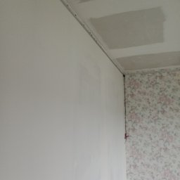 Jacek Jeż - Przygotowana do malowania ściana z listwą sufitową i zagruntowanym sufitem. Fragment ściany z tapetą w kwiaty. Widoczne przewody elektryczne.