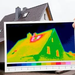 Termowizyjne badanie domu jednorodzinnego, prezentowane na wydruku trzymanym w dłoni, z widocznymi kolorami wskazującymi na straty ciepła na dachu.
