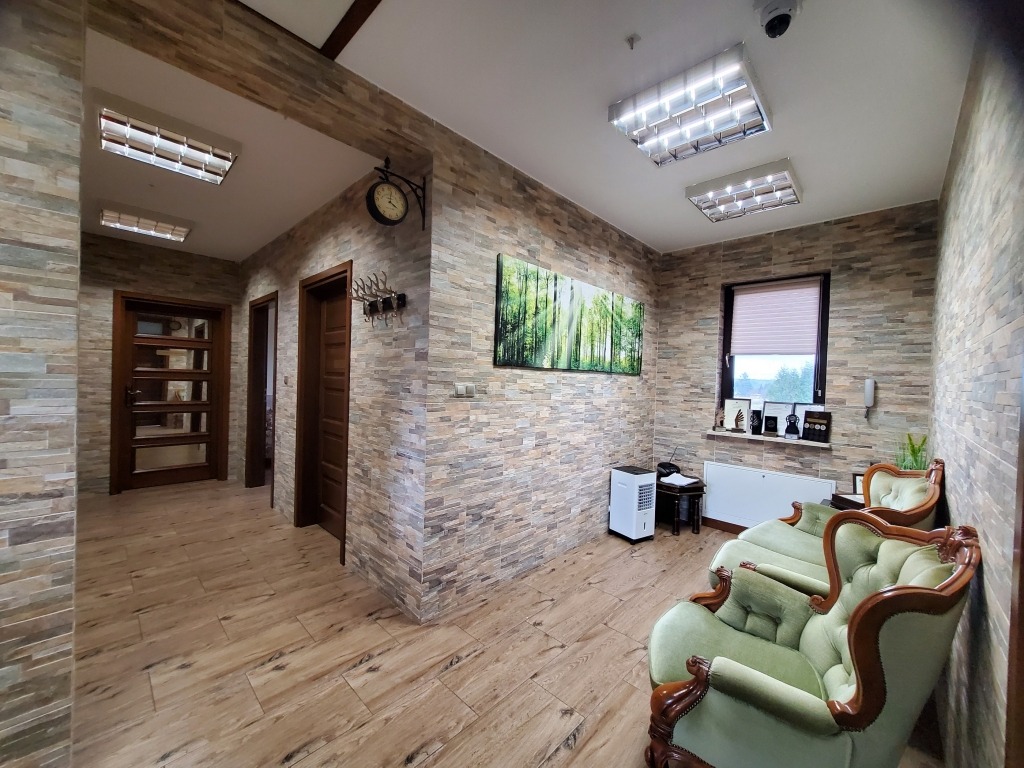 Wnętrze poczekalni z dwoma zielonymi fotelami w stylu vintage, ściany wyłożone kamieniem dekoracyjnym, obraz z motywem leśnym i zegar na ścianie.