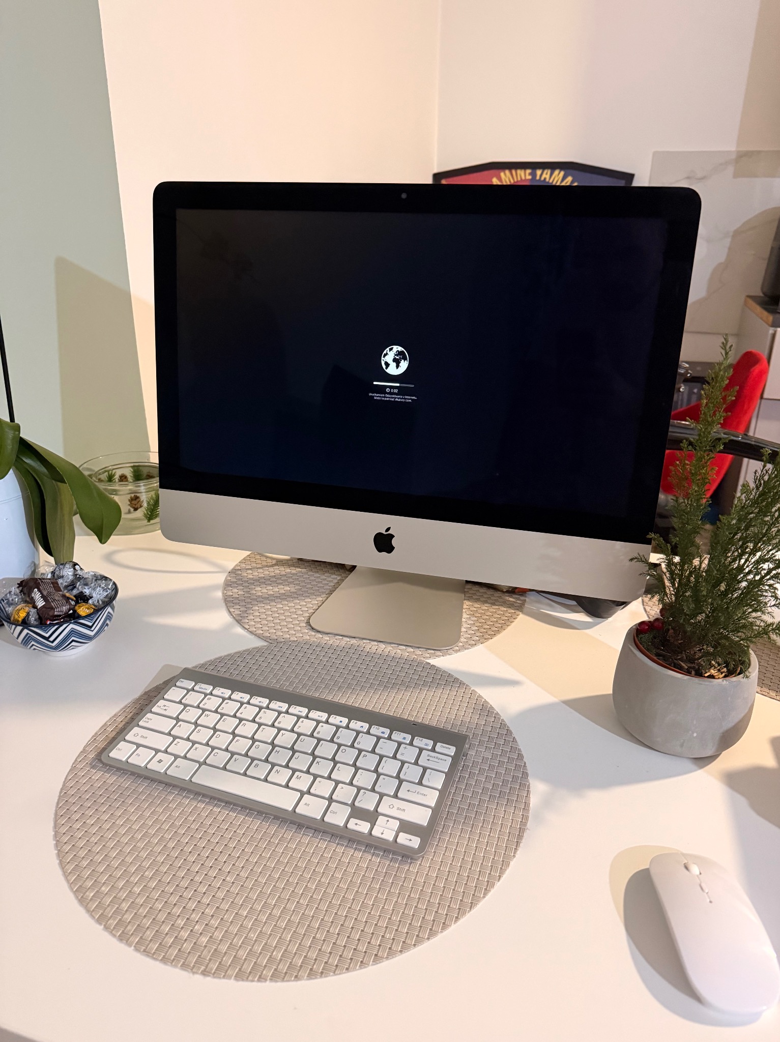 Minimalistyczne biurko z iMaciem w trakcie uruchamiania, klawiaturą, myszką i roślinami. Ujęcie z góry, stonowana kolorystyka, dominuje biel i szarość.