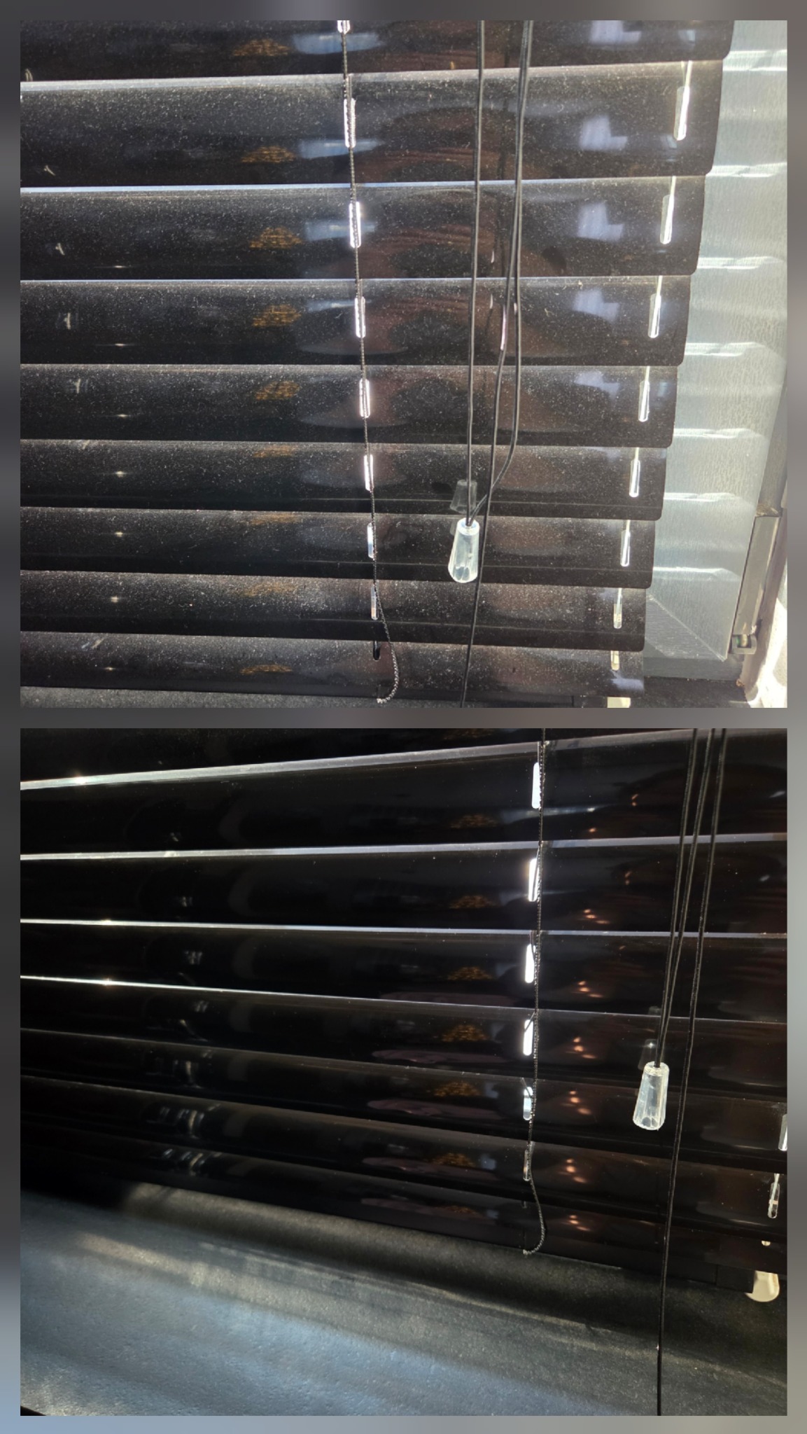 Żaluzje poziome: górna część zakurzona, dolna czysta po zabiegu czyszczenia. Widoczny kontrast przed i po.