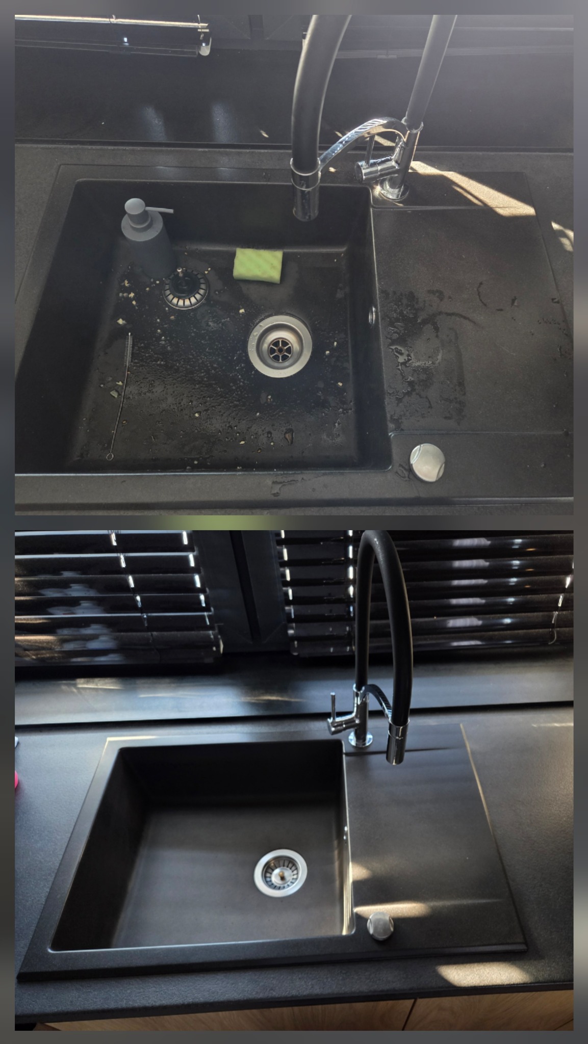 Zlewozmywak granitowy: górny kadr przed czyszczeniem, widoczne resztki; dolny kadr po czyszczeniu, lśniący, z baterią. Ujęcie z góry, ciemna tonacja.