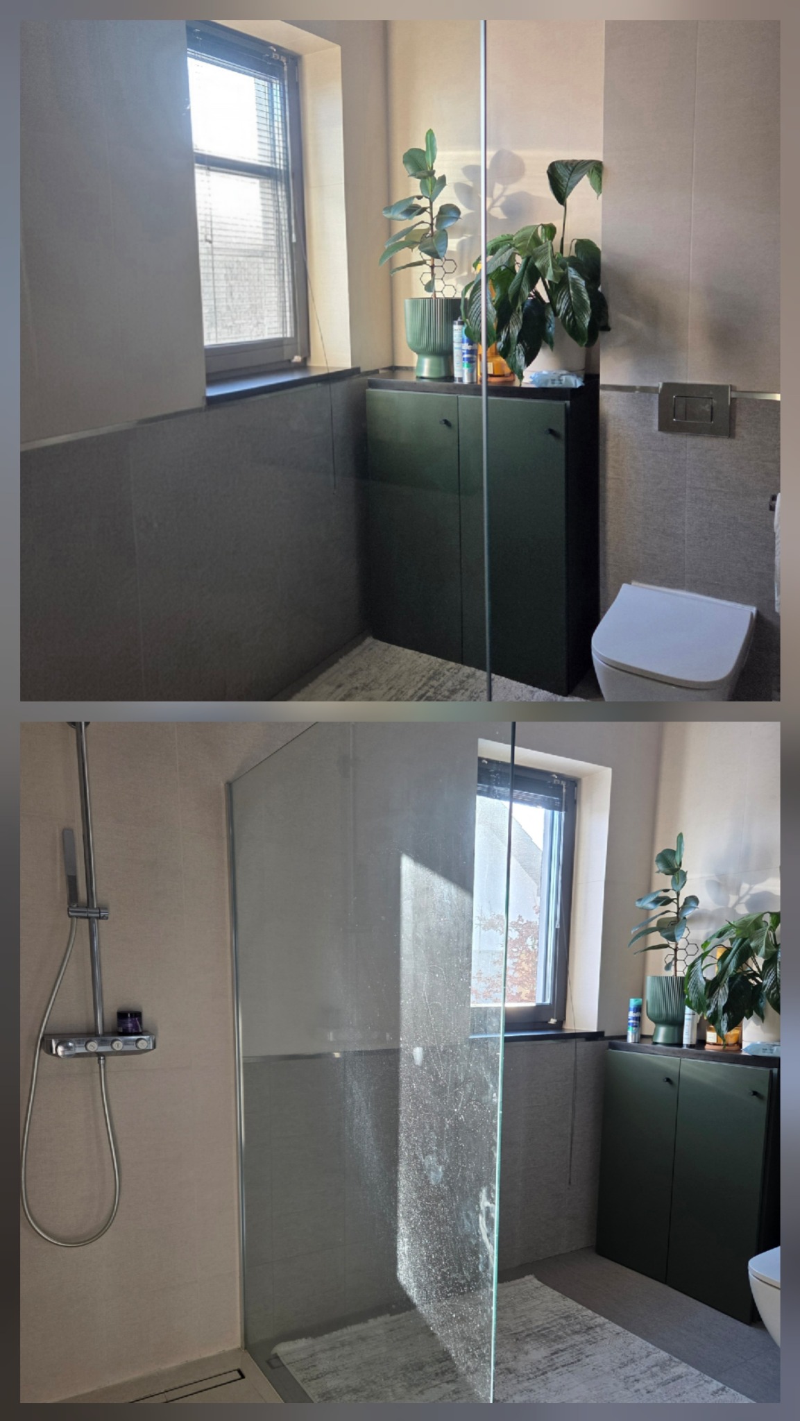 Dwuobrazowe ujęcie łazienki w Strażowie: górne - toaleta i szafka z roślinami, dolne - kabina prysznicowa z zaciekami na szkle, ukazujące potrzebę odświeżenia.