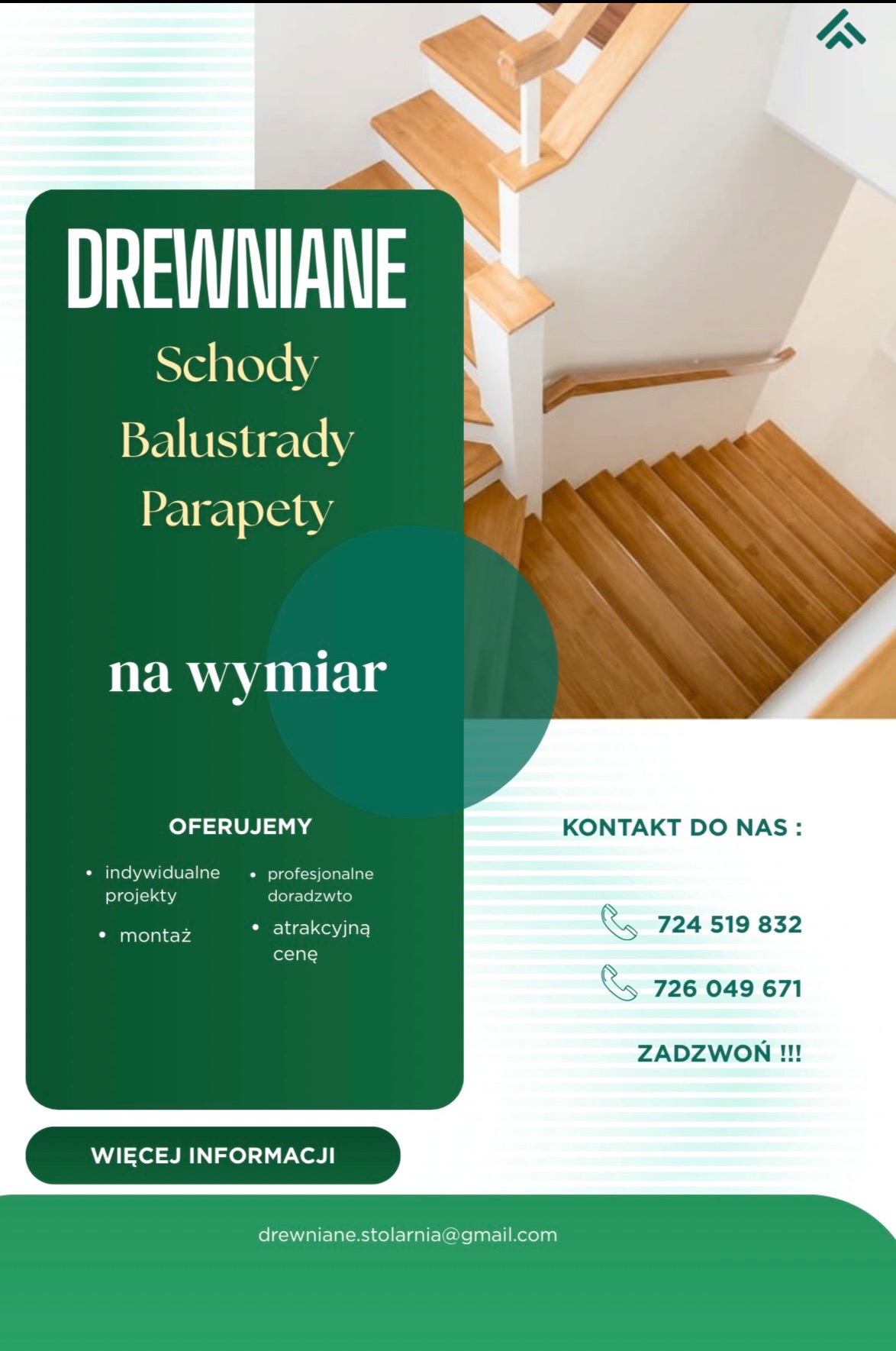 Reklama firmy oferującej drewniane schody, balustrady i parapety na wymiar. Widok z góry na jasne schody z drewnianymi stopniami. Kontakt i oferta na zielonym tle.