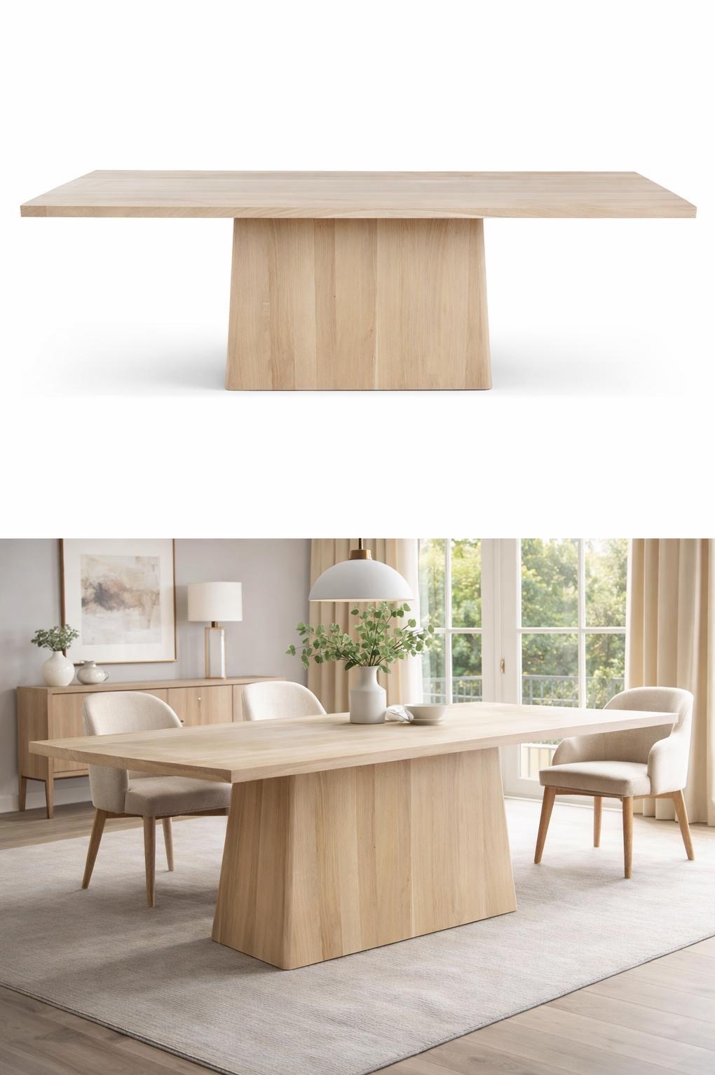 Jasny, kwadratowy stół z drewna o prostej podstawie, ustawiony w nowoczesnej jadalni z krzesłami i kredensem. Naturalne światło z okna.