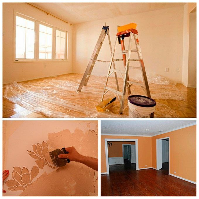 Pokój przygotowany do malowania: folia ochronna na podłodze, drabina z farbą. Dekoracyjne szpachlowanie ściany z motywem kwiatowym, pomarańczowe ściany w innym pomieszczeniu.