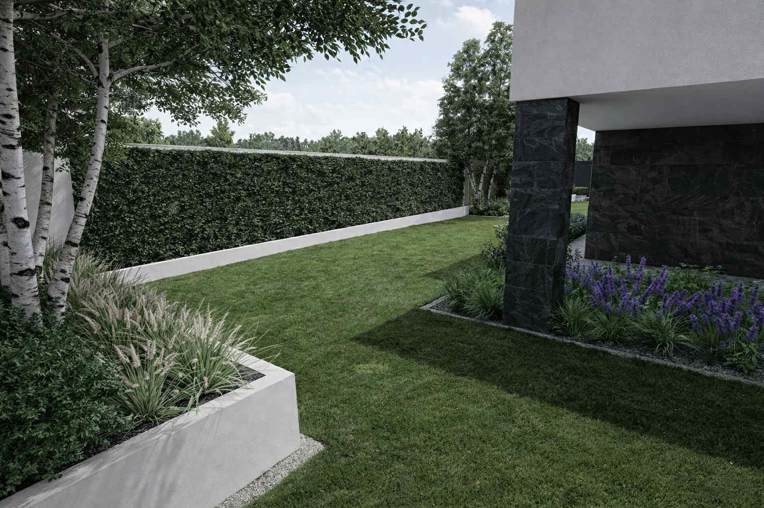 Nowoczesny ogród z równo przystrzyżonym trawnikiem, żywopłotem i elementami architektury. Minimalistyczny design z wykorzystaniem kamienia i roślinności.