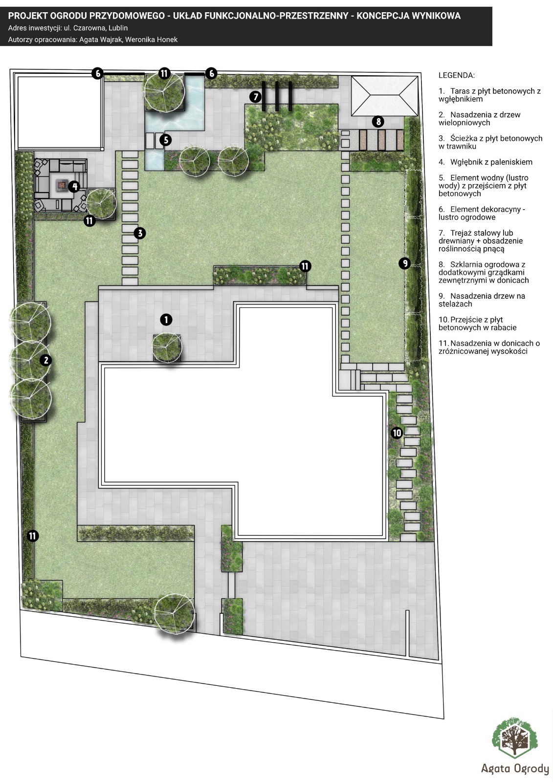 Projekt zagospodarowania ogrodu przydomowego z tarasem, ścieżkami z płyt, elementami wodnymi i nasadzeniami w donicach o zróżnicowanej wysokości. Widok z góry.